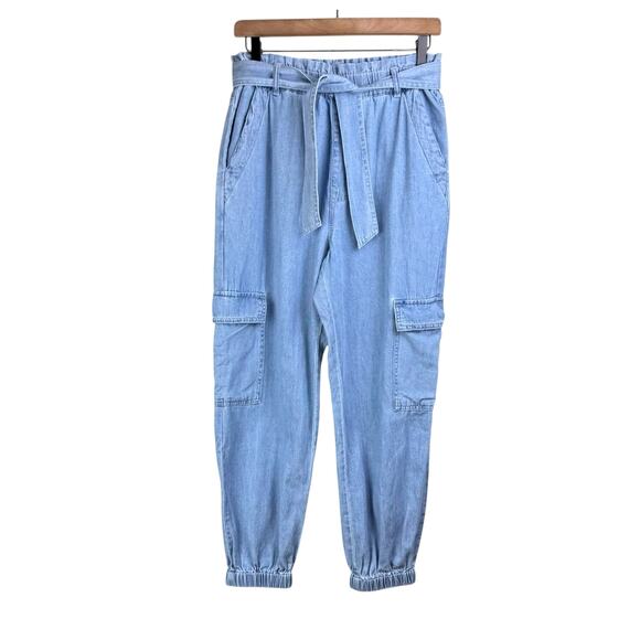 TGLA Light Wash Chambray Blue High Paperbag Waist Belted Cargo Pocket Joggers - Picture 1 of 10